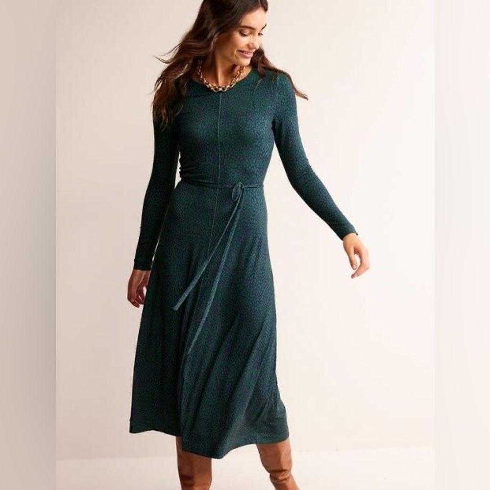 Boden Lucy Jersey Midi Dress Green, Animal Spot Size 8